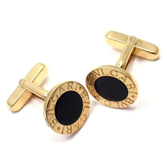 Authentic! Bulgari Bvlgari 18k Yellow Gold Black Onyx Cufflinks - Picture 2 of 6
